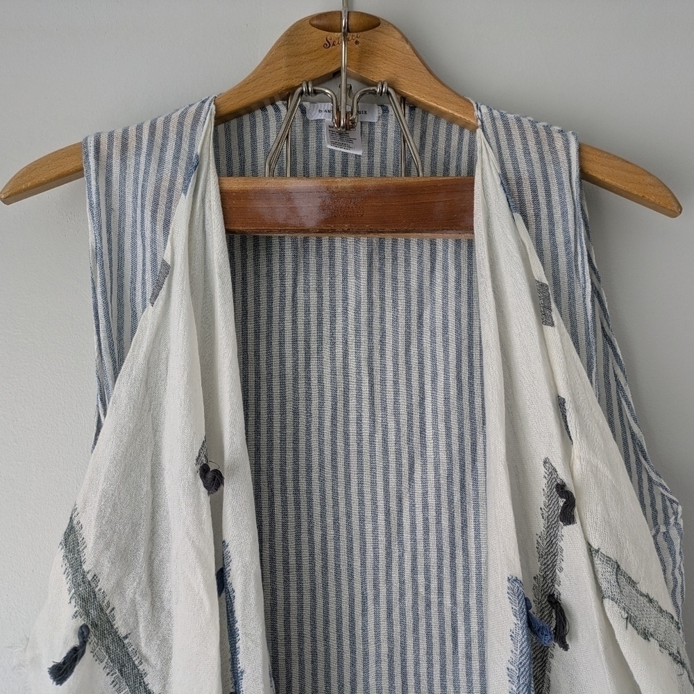 Anthropologie Blue & White Striped Linen Vest with Fringe Scarf - Picture 3 of 5
